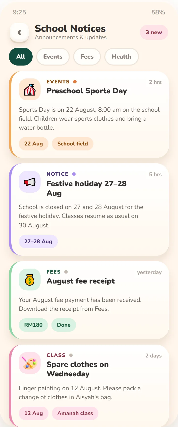 Parent app: Notices & teacher messages