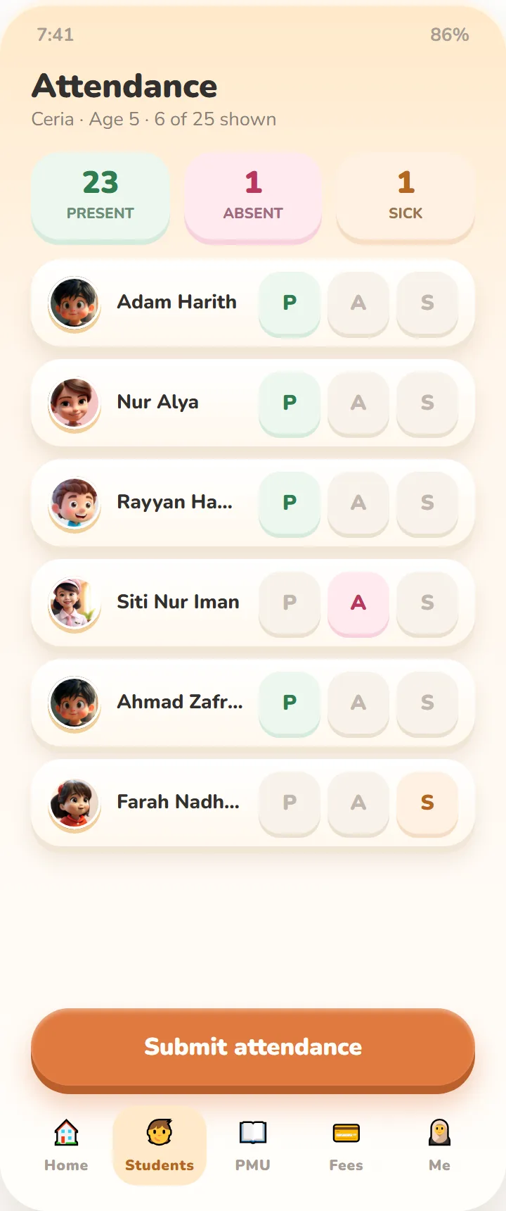 Teacher app: Class attendance