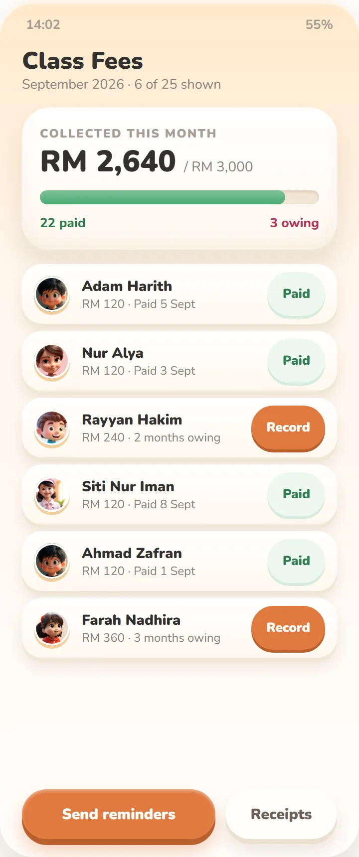 Teacher app: Class fees & receipts